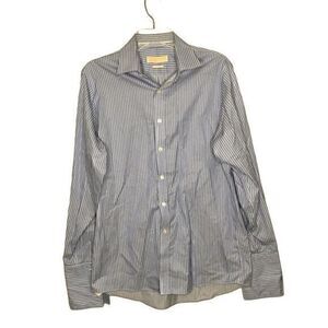 Michael Kors Mens Blue White Striped Non Iron Casual Dress Shirts Size 15.5